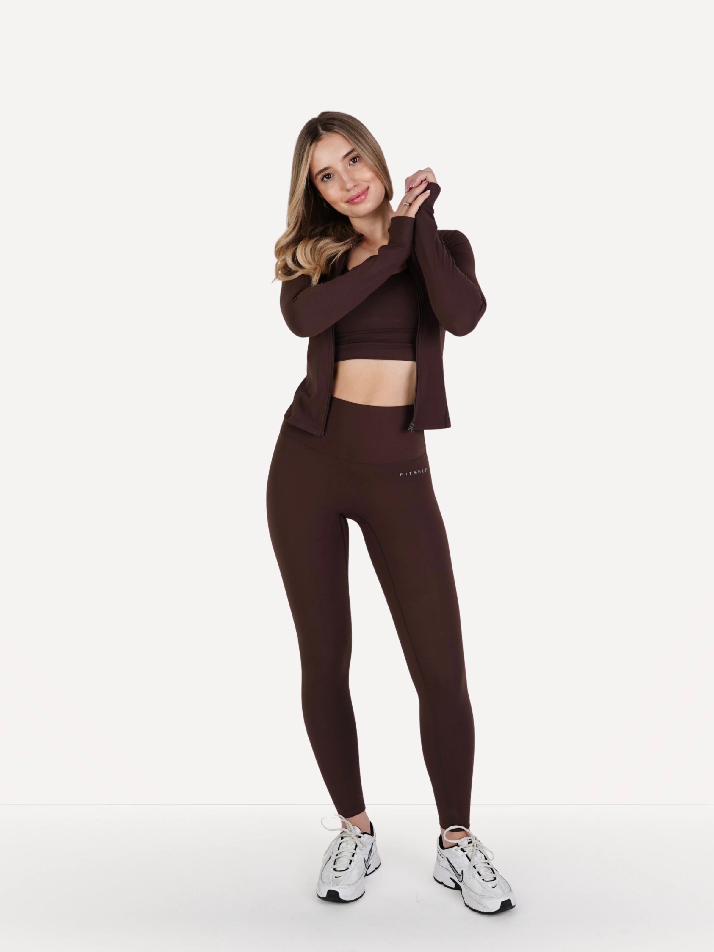 Zestaw 3-częściowy: legginsy + biustonosz + bluza rozpinana ZEN brązowa