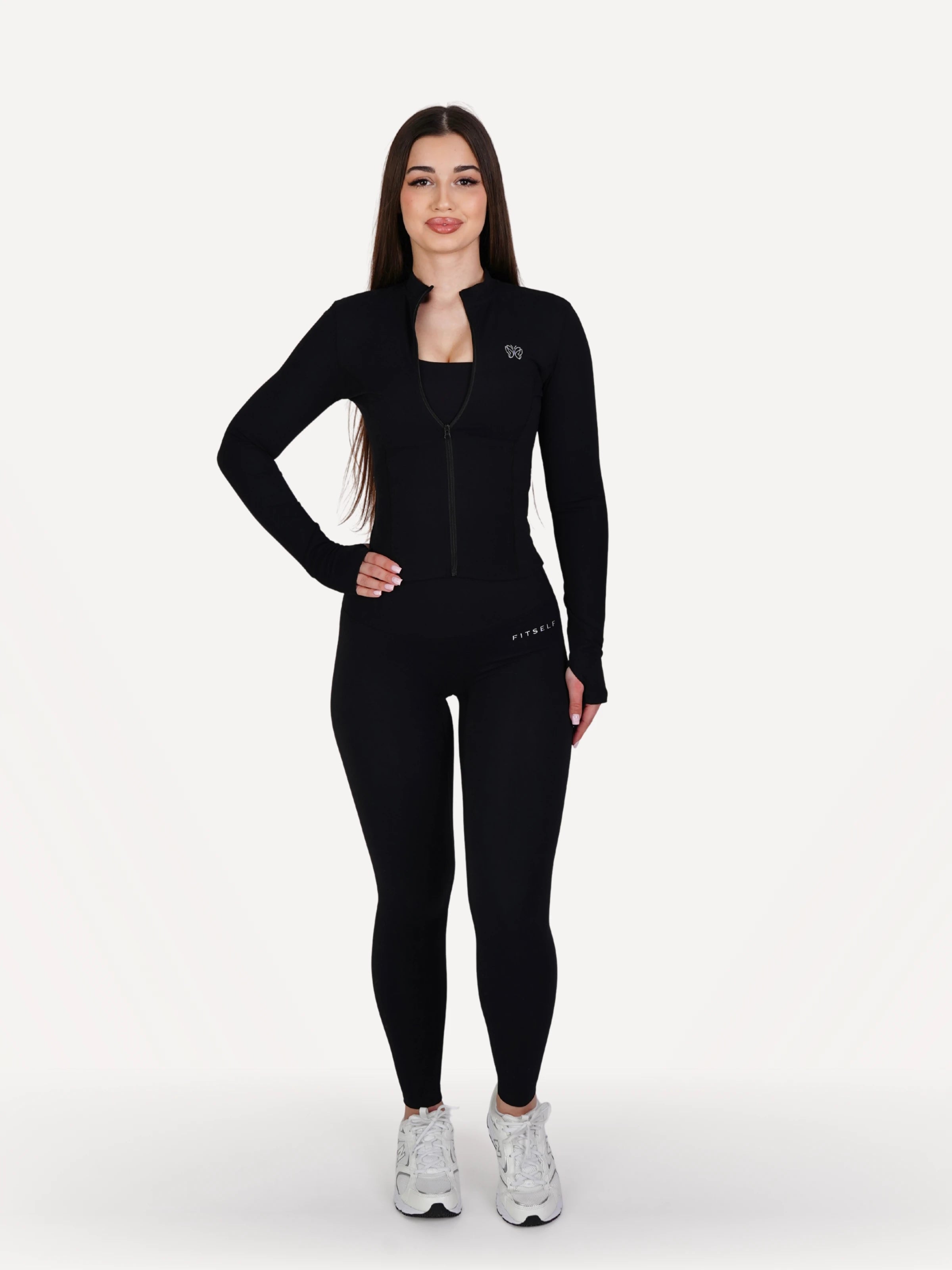 Zestaw 3-częściowy: legginsy + biustonosz + bluza rozpinana ZEN czarna
