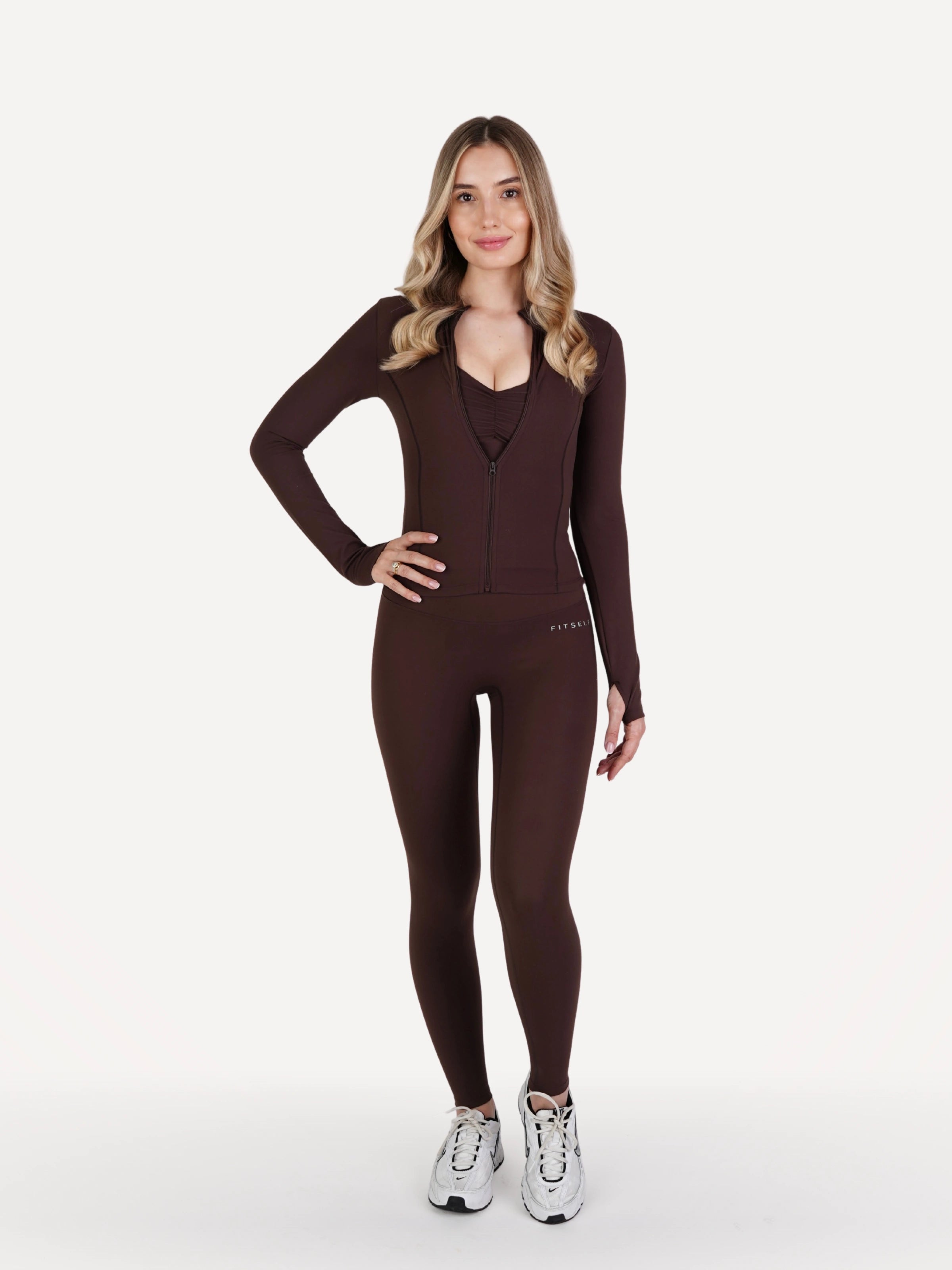 Zestaw 3-częściowy: legginsy + top + bluza rozpinana ZEN brązowa